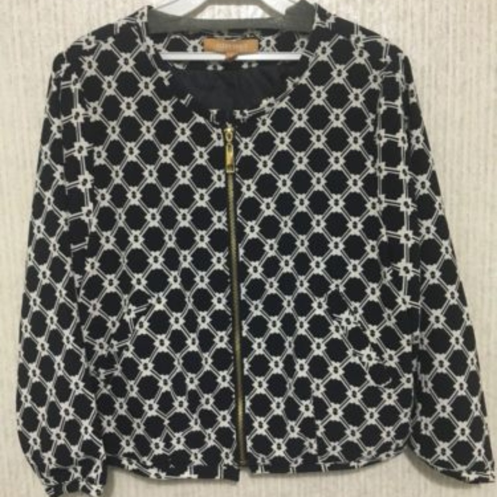 Zip Front Jacket Small S Navy White Pattern Lined